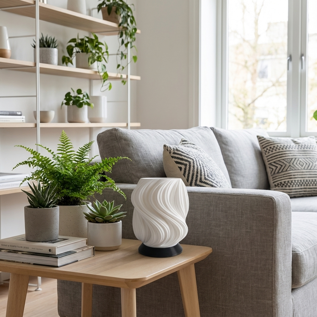 Tischleuchte Aurea mit schwungvollem, warm leuchtendem Schirm auf schwarzer oder beiger Basis.