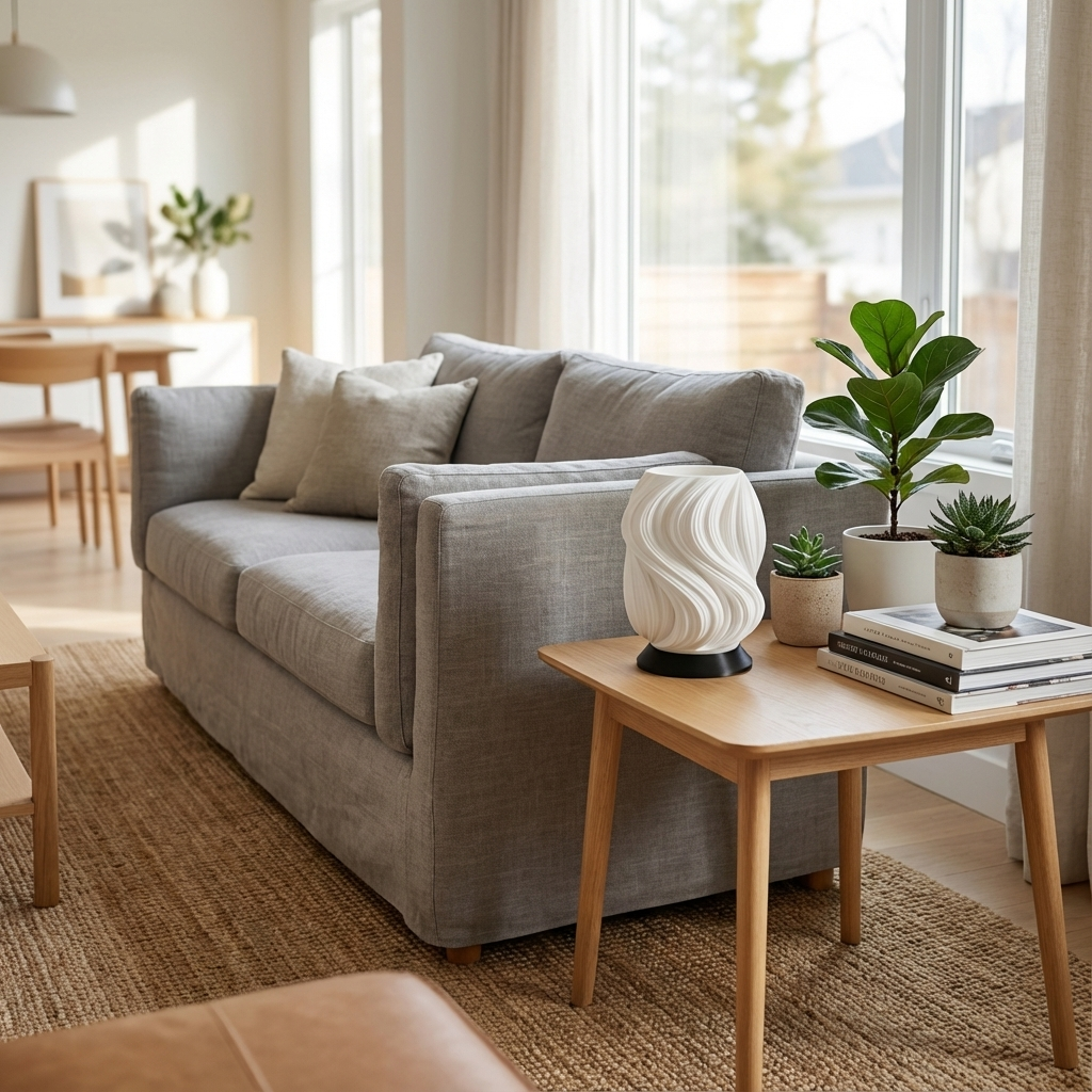 Tischleuchte Aurea mit schwungvollem, warm leuchtendem Schirm auf schwarzer oder beiger Basis.