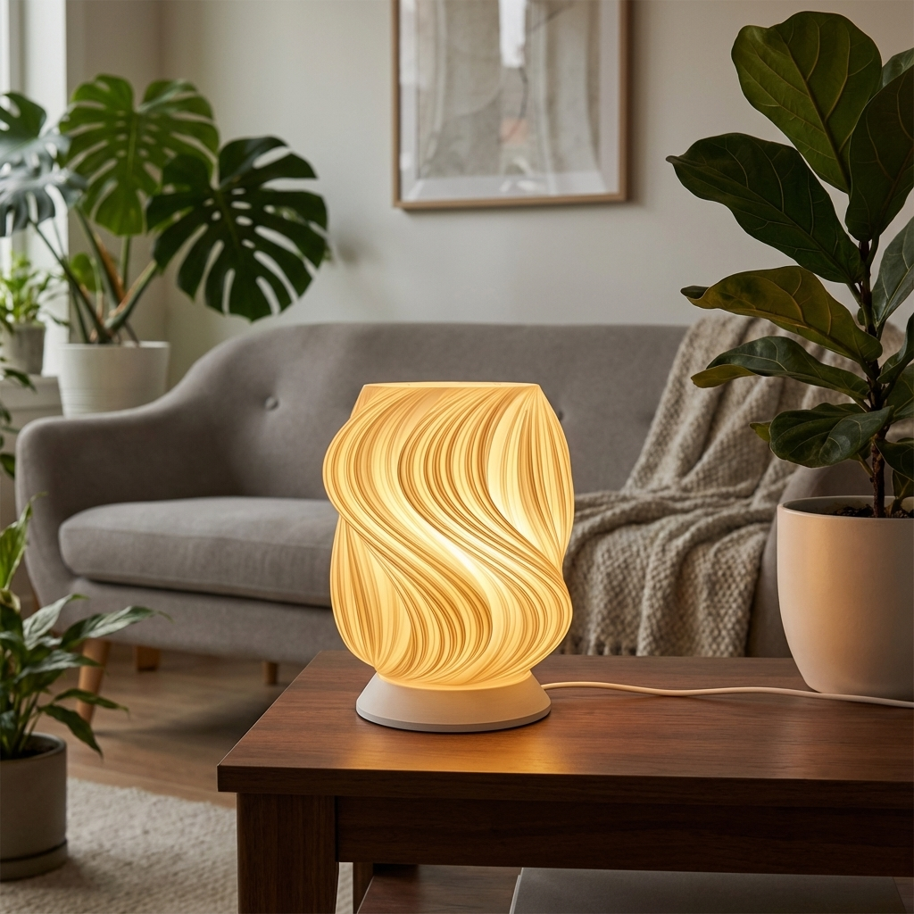 Tischleuchte Aurea mit schwungvollem, warm leuchtendem Schirm auf schwarzer oder beiger Basis.