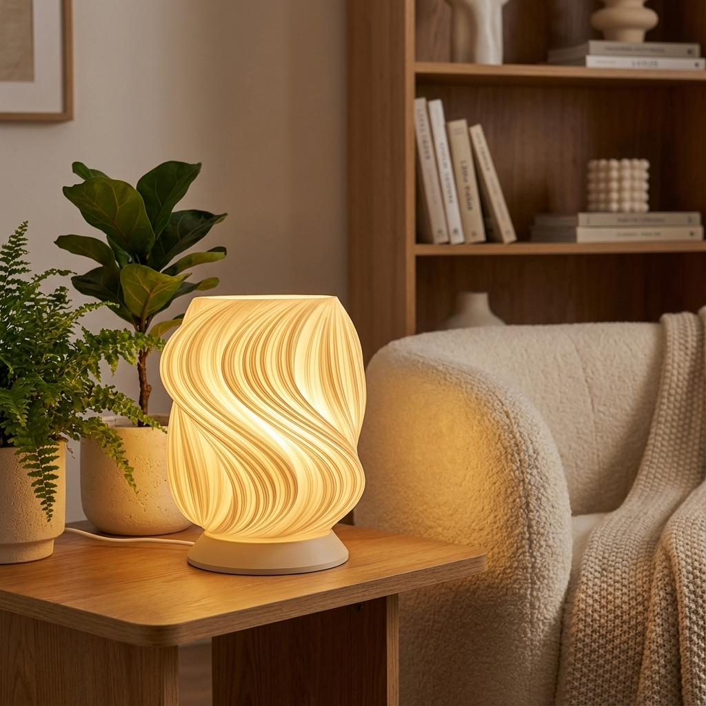 Tischleuchte Aurea mit schwungvollem, warm leuchtendem Schirm auf schwarzer oder beiger Basis.