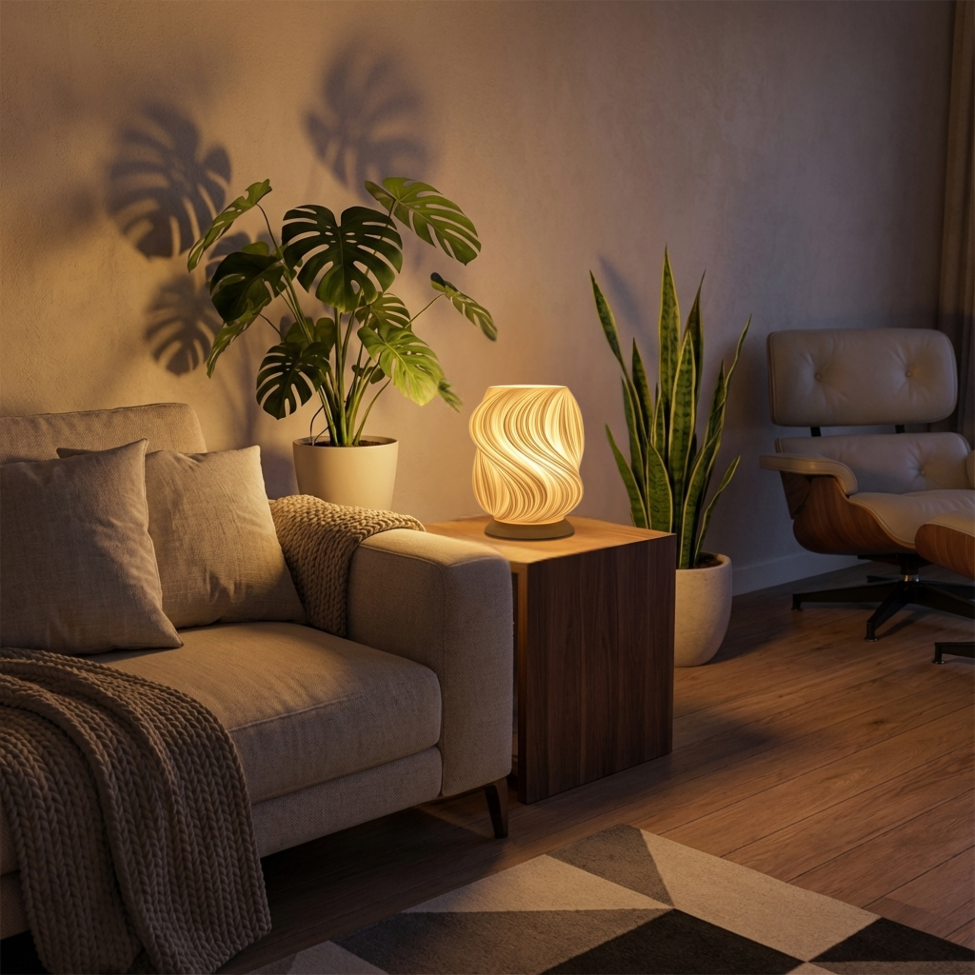 Tischleuchte Aurea mit schwungvollem, warm leuchtendem Schirm auf schwarzer oder beiger Basis.