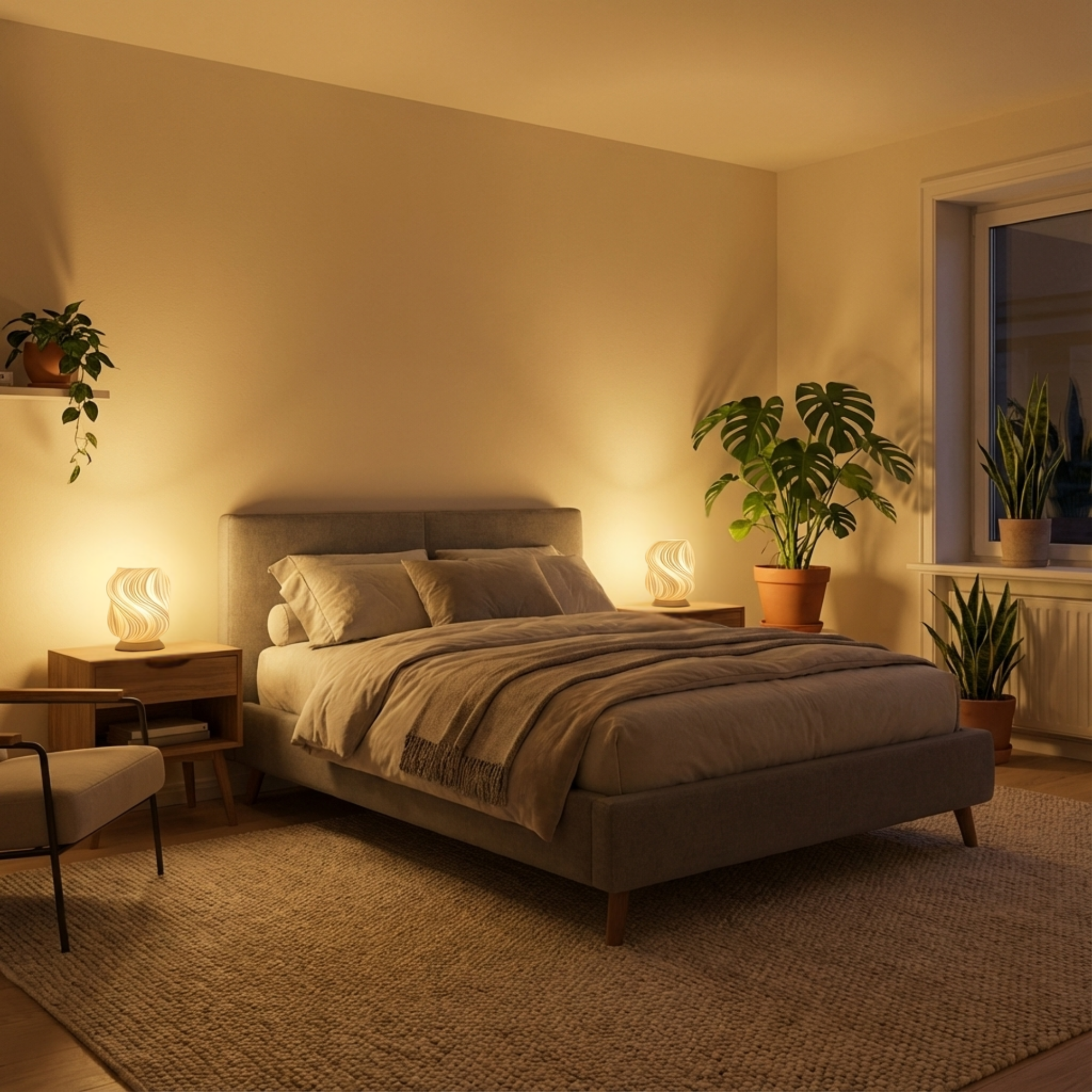 Tischleuchte Aurea mit schwungvollem, warm leuchtendem Schirm auf schwarzer oder beiger Basis.